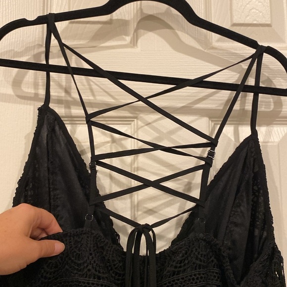 Long-sleeve off shoulder, Black Crochet Romper with tie straps down the back - Picture 4 of 11